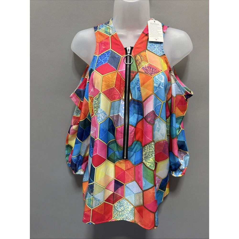 NWT Bluzka Damska Geometric Multi-Colored Print Cold Shoulder Blouse Top L